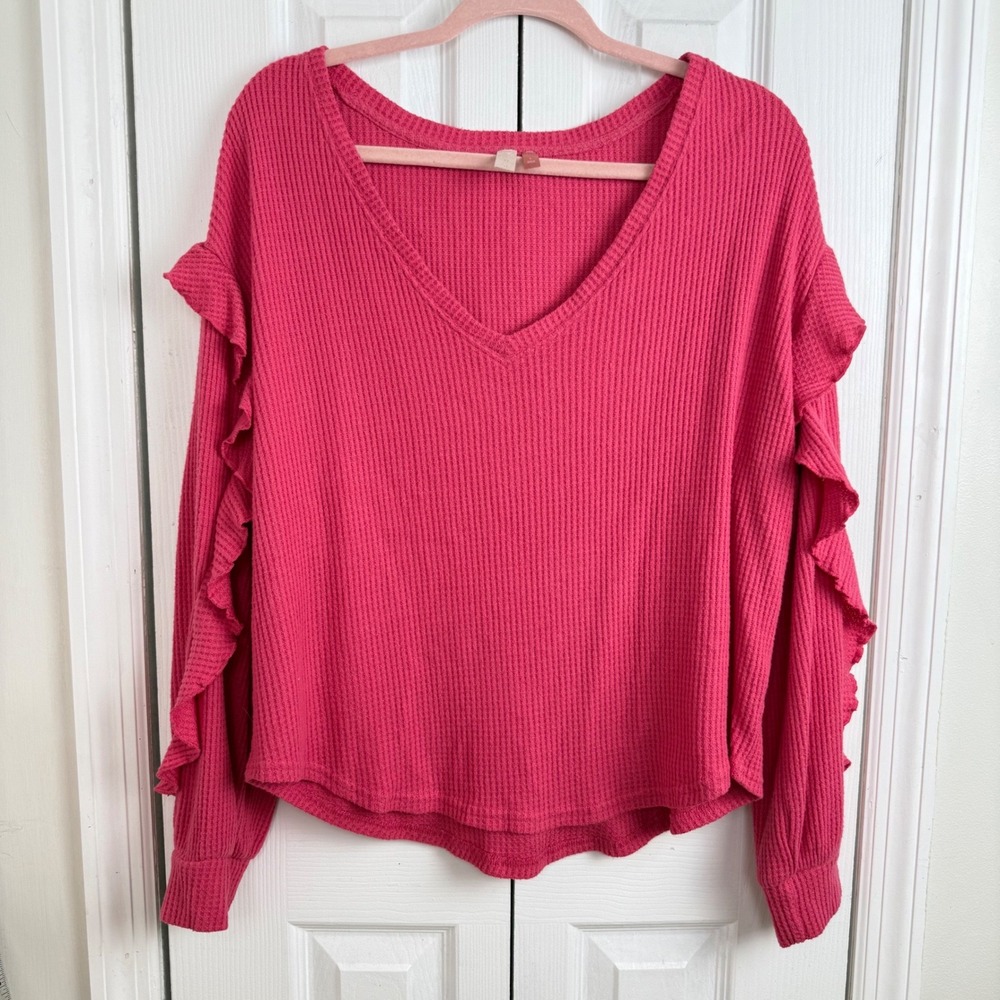 Pilcro Anthropologie Waffle Knit Ruffle Sleeve Top Women Large Pink V-Neck - Picture 2 of 7